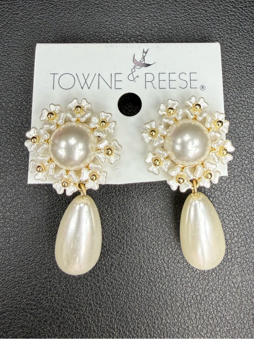 Towne & Reese Gold and Ivory Floral Pearl Drop Earrings